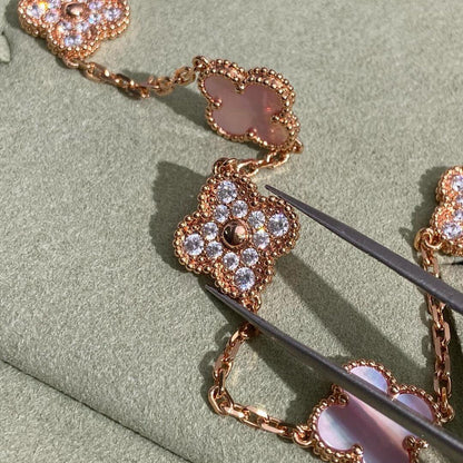 [Luxora]CLOVER 10 MOTIFS DIAMOND PINK MOP NECKLACE