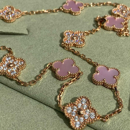 [Luxora]CLOVER 10 MOTIFS DIAMOND PINK MOP NECKLACE