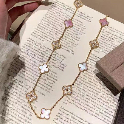 [Luxora]CLOVER 10 MOTIFS DIAMOND PINK MOP NECKLACE