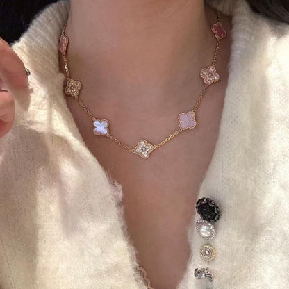[Luxora]CLOVER 10 MOTIFS DIAMOND PINK MOP NECKLACE