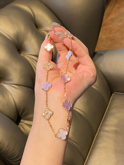 [Luxora]CLOVER 10 MOTIFS DIAMOND PINK MOP NECKLACE