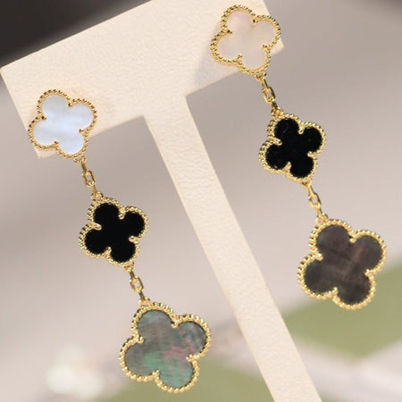 [Luxora]CLOVER EARRINGS GOLD ONYX MOP 3 MOTIF