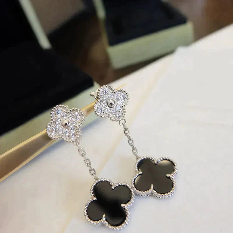 [Luxora]CLOVER 2 MOTIFS  DIAMOND ONYX EARRINGS SILVER