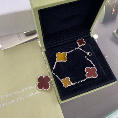 [Luxora]CLOVER 5 MOTIFS SIVLER CARNELIAN TIGER EYE BRACELET