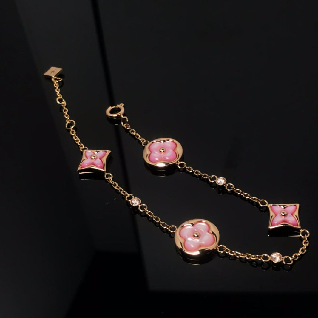 [Luxora]STAR AND SUN 4 MOTIF PINK MOP PINK GOLD BRACELET