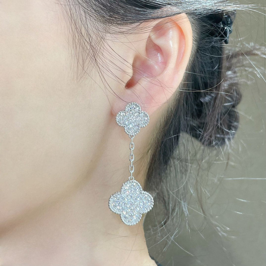 [Luxora]CLOVER 2 MOTIFS DIAMOND PAVED SILVER EARRINGS