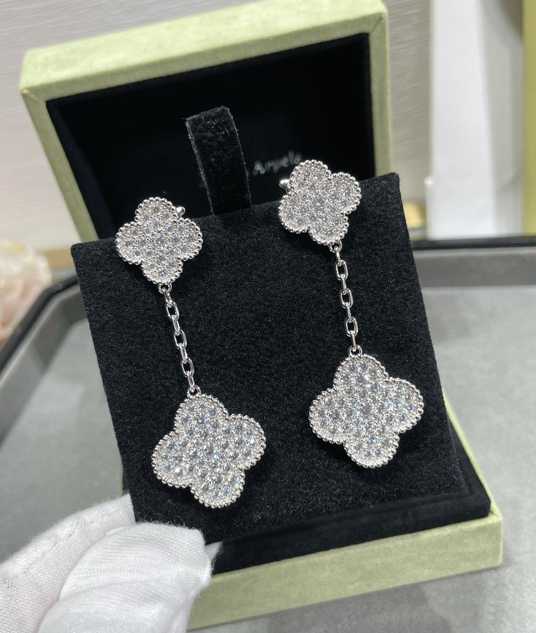 [Luxora]CLOVER 2 MOTIFS DIAMOND PAVED SILVER EARRINGS