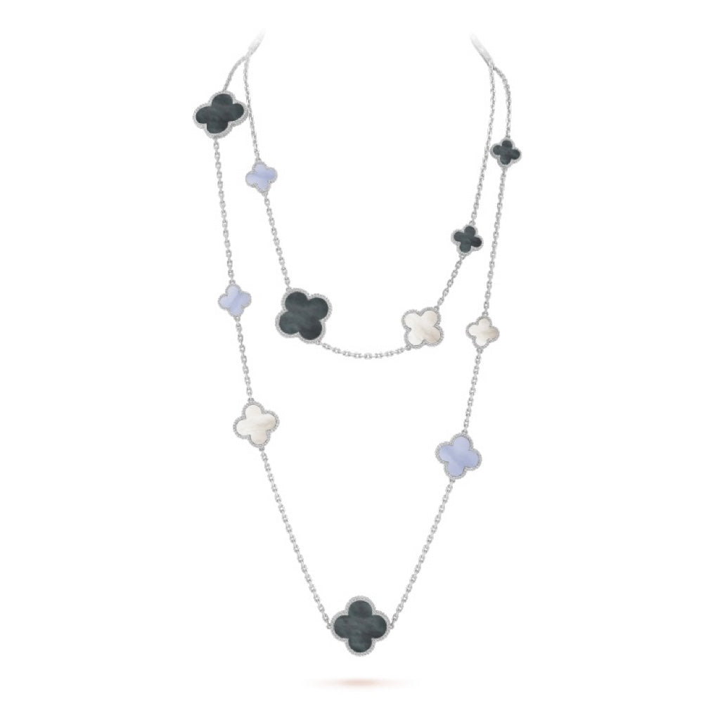 [Luxora]CLOVER 16 MOTIF CHALCEDONY MOP SILVER NECKLACE