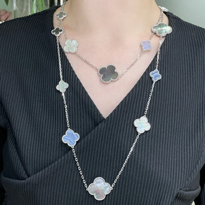 [Luxora]CLOVER 16 MOTIF CHALCEDONY MOP SILVER NECKLACE