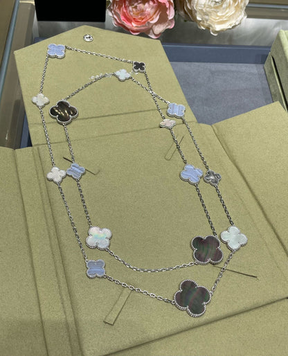 [Luxora]CLOVER 16 MOTIF CHALCEDONY MOP SILVER NECKLACE