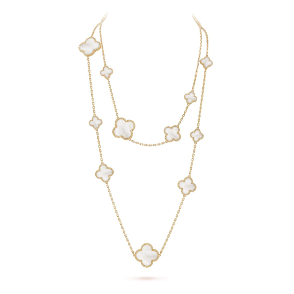[Luxora]CLOVER 16 MOTIF WHITE MOP GOLD NECKLACE