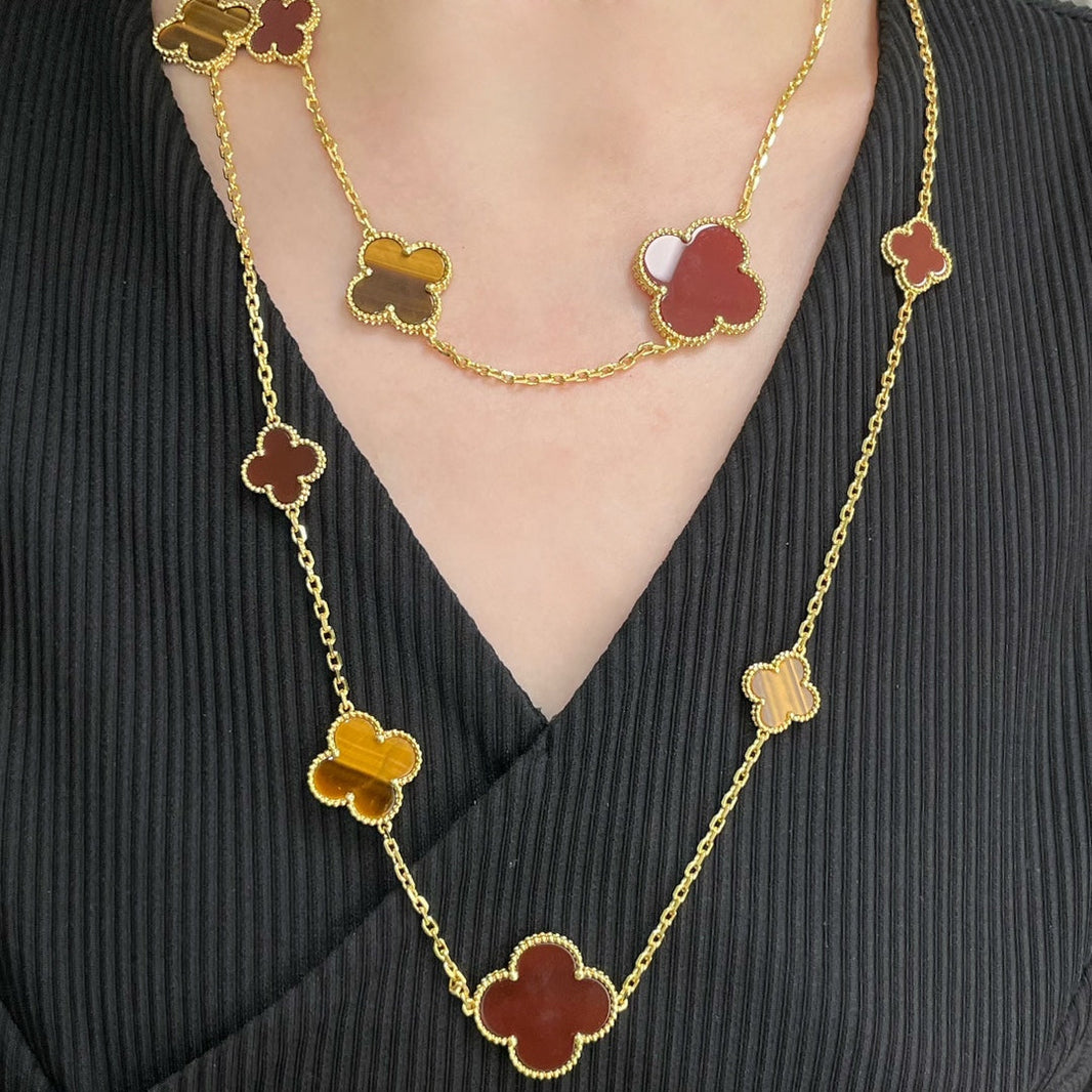 [Luxora]CLOVER 16 MOTIF CARNELIAN TIGER EYE ROSE GOLD NECKLACE