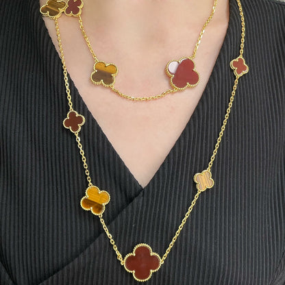 [Luxora]CLOVER 16 MOTIF CARNELIAN TIGER EYE ROSE GOLD NECKLACE