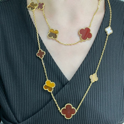 [Luxora]CLOVER 16 MOTIF CARNELIAN TIGER EYE ROSE GOLD NECKLACE