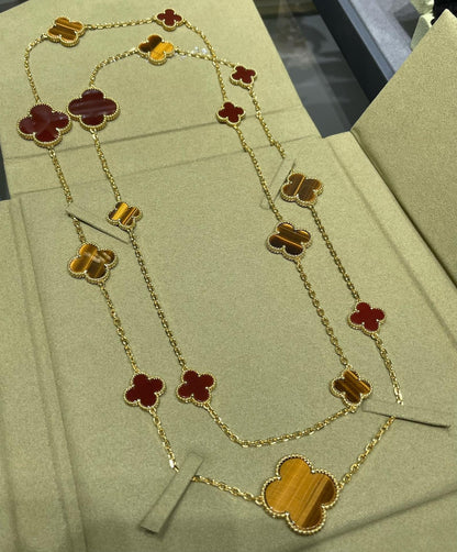 [Luxora]CLOVER 16 MOTIF CARNELIAN TIGER EYE ROSE GOLD NECKLACE