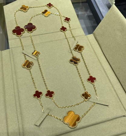 [Luxora]CLOVER 16 MOTIF CARNELIAN TIGER EYE ROSE GOLD NECKLACE