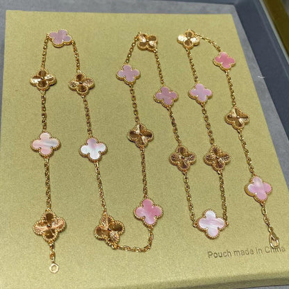 [Luxora]CLOVER 20 MOTIFS LASER PINK MOP NECKLACE