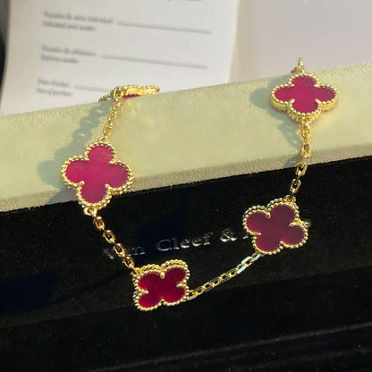 [Loxura]NEW CLOVER 5 MOTIFS PINK ENAMEL BRACELET
