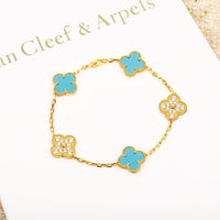 [Luxora]CLOVER 5 MOTIF TURQUOISE DIAMOND GOLD BRACELET