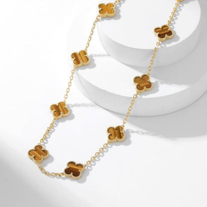 [Luxora]CLOVER 10 MOTIFS TIGER EYE NECKLACE