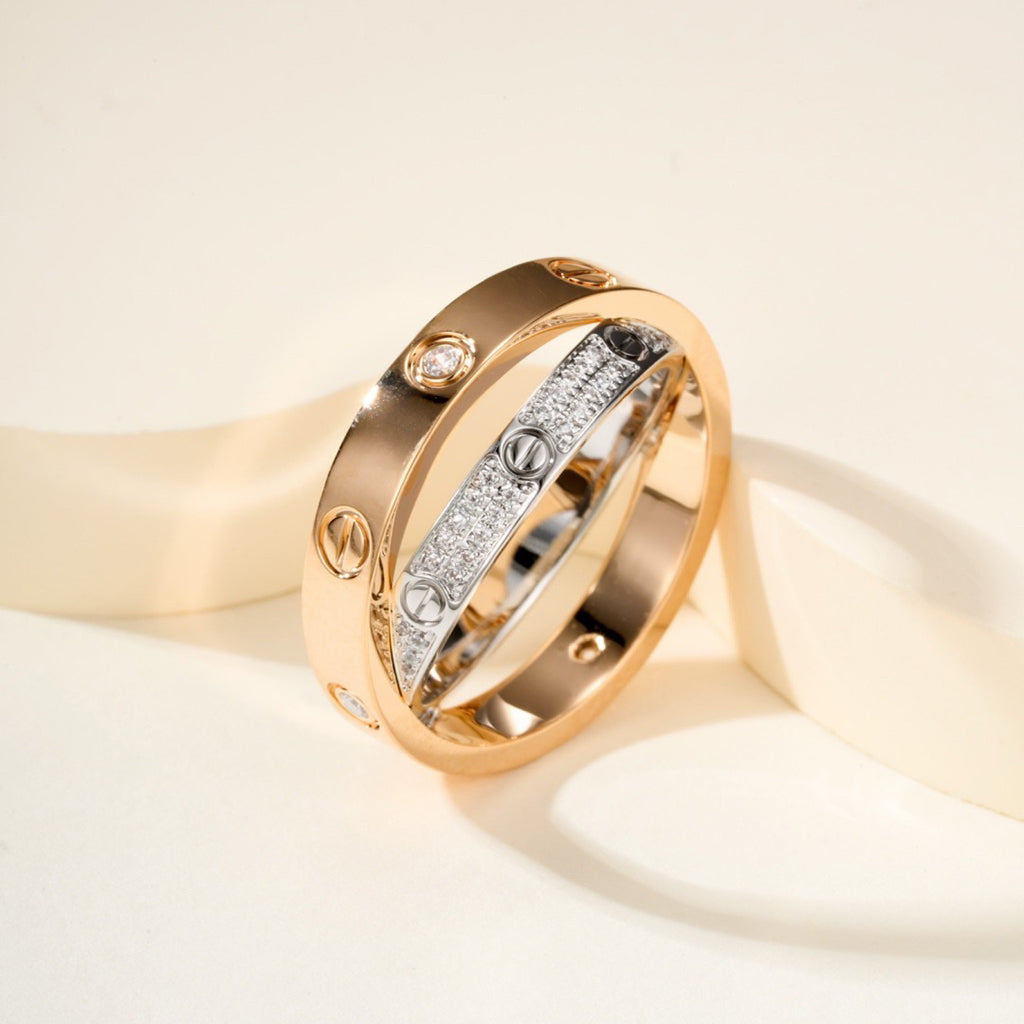 [Luxora]LOVE PINK GOLD SILVER DIAMOND DOUBLE RING