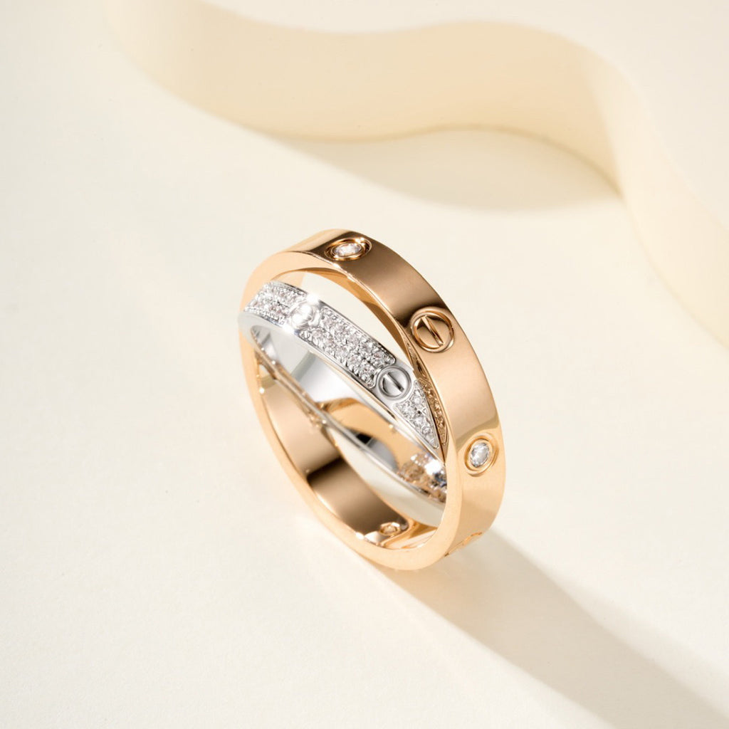 [Luxora]LOVE PINK GOLD SILVER DIAMOND DOUBLE RING