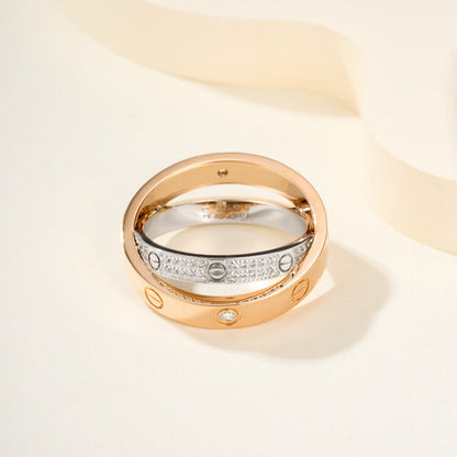 [Luxora]LOVE PINK GOLD SILVER DIAMOND DOUBLE RING