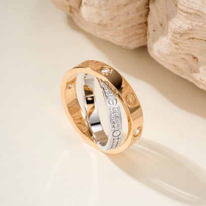 [Luxora]LOVE PINK GOLD SILVER DIAMOND DOUBLE RING
