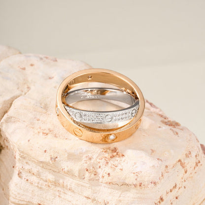 [Luxora]LOVE PINK GOLD SILVER DIAMOND DOUBLE RING