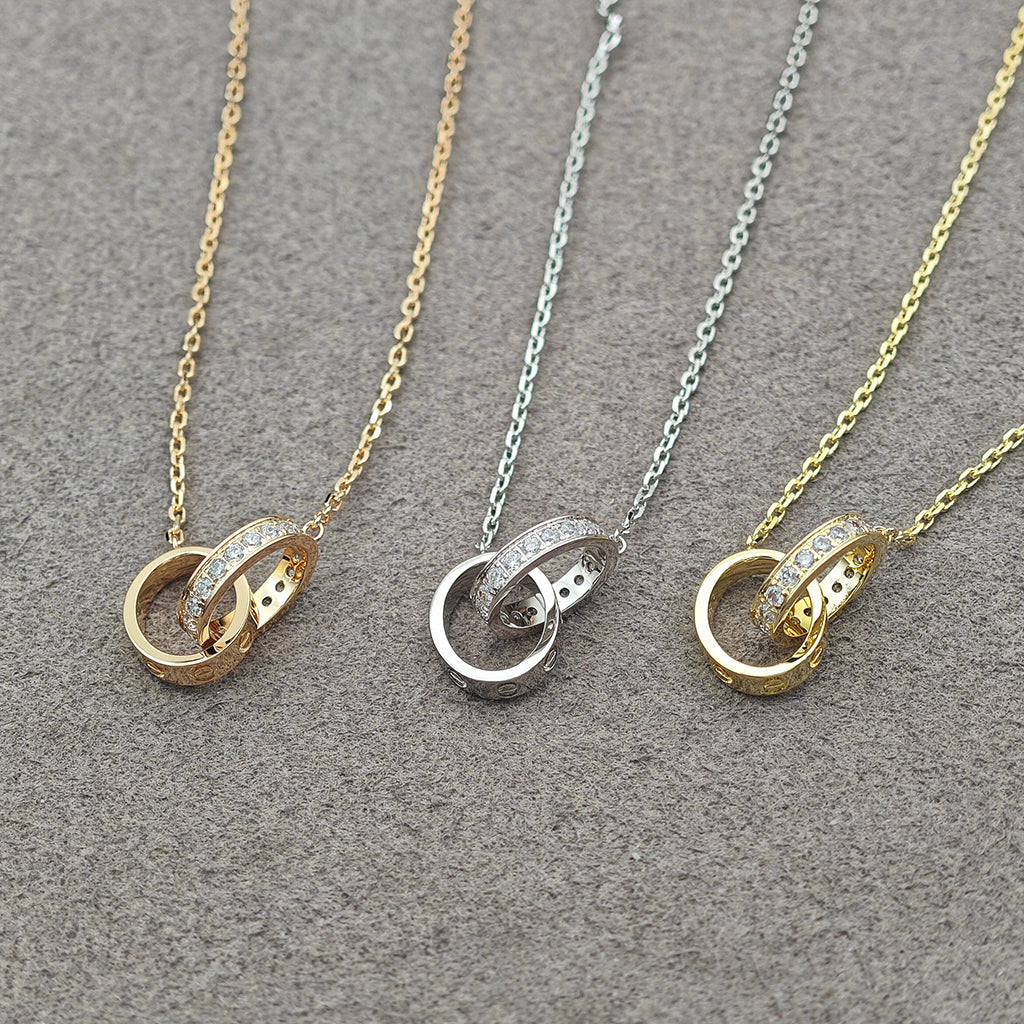 [Luxora]LOVE DOUBLE RING HALF DIAMOND NECKLACE