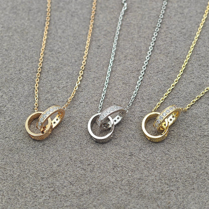 [Luxora]LOVE DOUBLE RING HALF DIAMOND NECKLACE