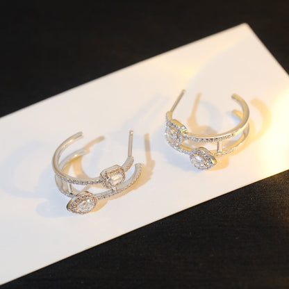 [LUXE]CREOLES MY TWIN 2 RANGS SILVER DIAMOND EARRINGS