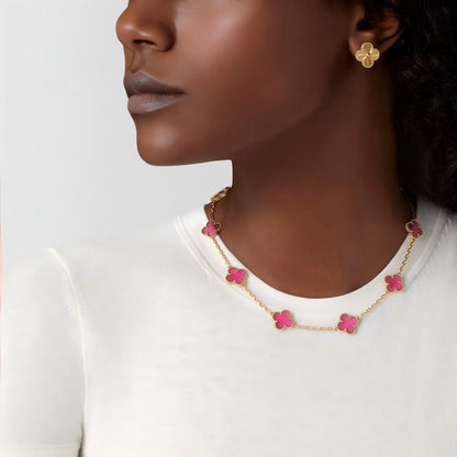 [Loxura]NEW CLOVER 10 MOTIFS PINK ENAMEL NECKLACE