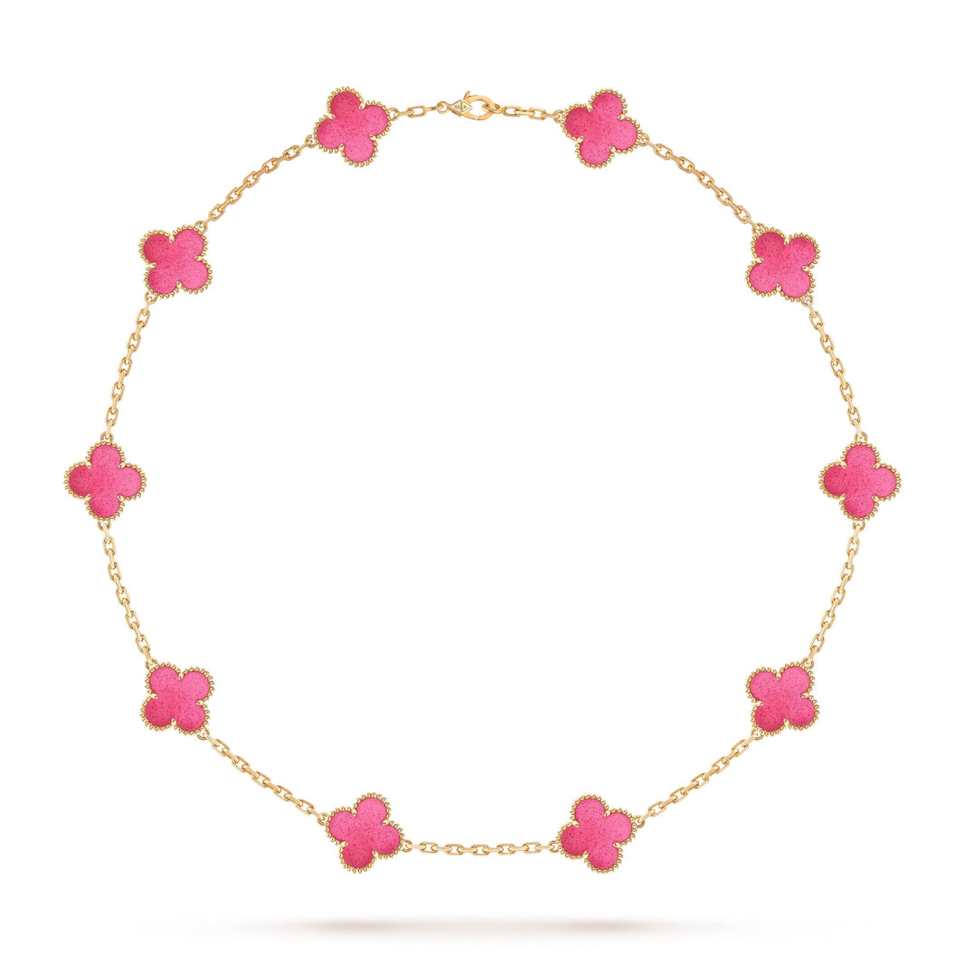 [Loxura]NEW CLOVER 10 MOTIFS PINK ENAMEL NECKLACE