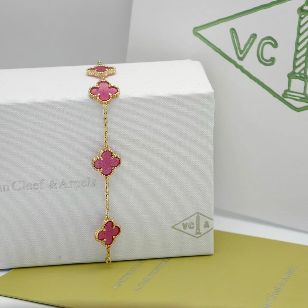 [Loxura]NEW CLOVER 5 MOTIFS PINK ENAMEL BRACELET