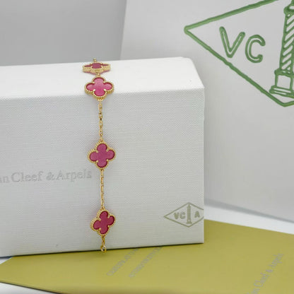 [Loxura]NEW CLOVER 5 MOTIFS PINK ENAMEL BRACELET