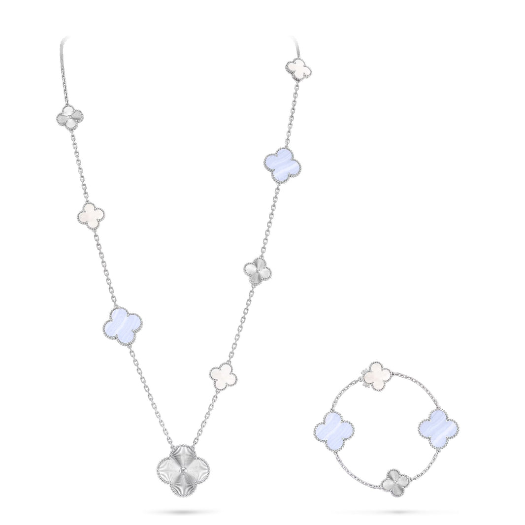 [Luxora]DETACHABLE CLOVER 15(11+4) FLOWER SILVER NECKLACE SET