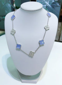 [Luxora]CLOVER 10 MOTIFS CHALCEDONY DIAMONDS SILVER NECKLACE