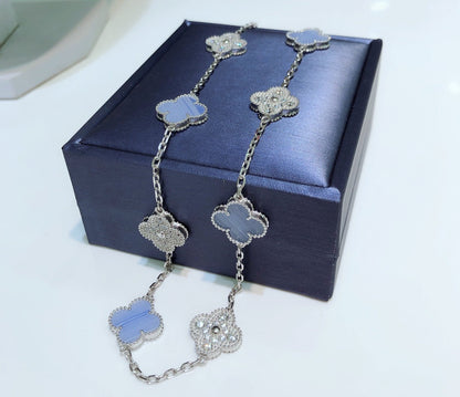 [Luxora]CLOVER 10 MOTIFS CHALCEDONY DIAMONDS SILVER NECKLACE