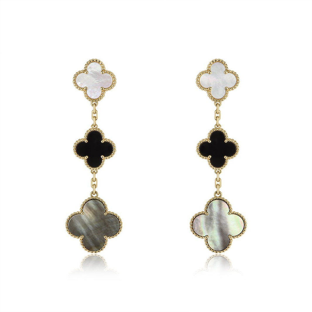 [Luxora]CLOVER EARRINGS GOLD ONYX MOP 3 MOTIF